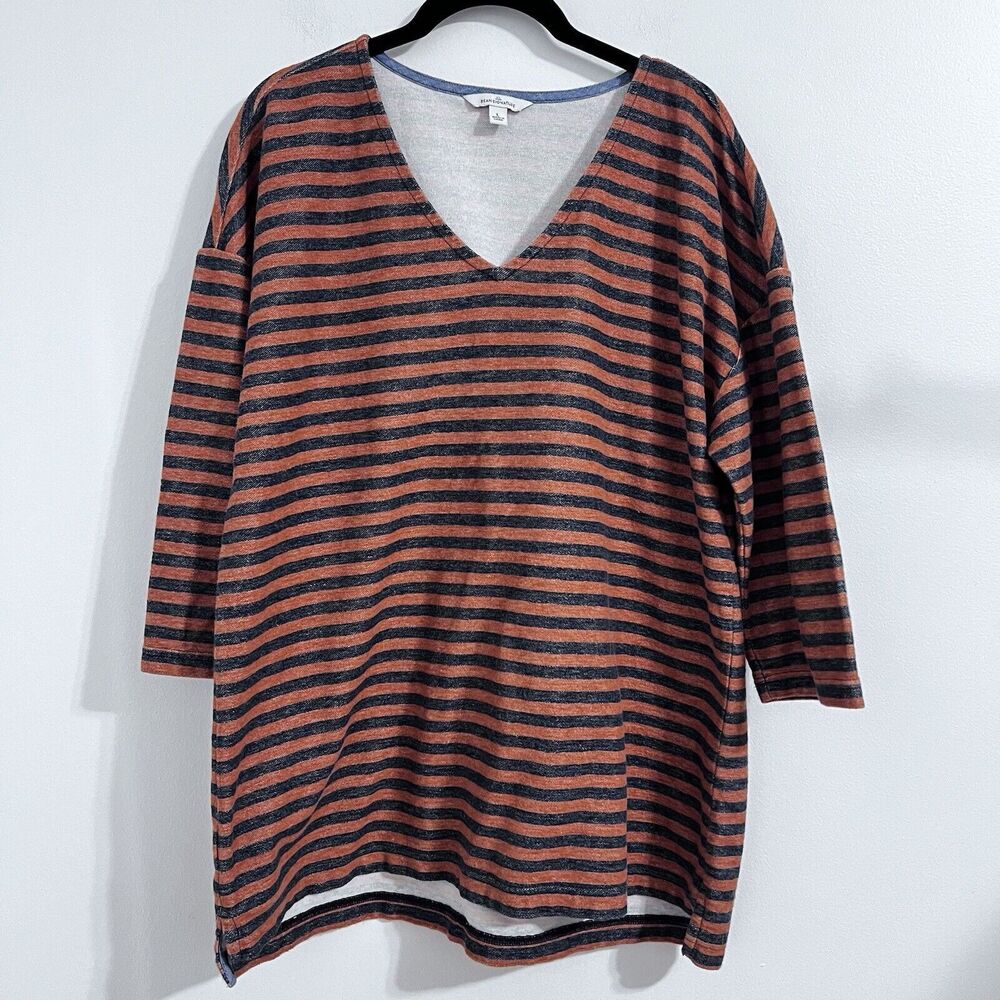 LL Bean Signature Sailor V Neck Shirt Size L Orange Blue Stripes Tunic Top